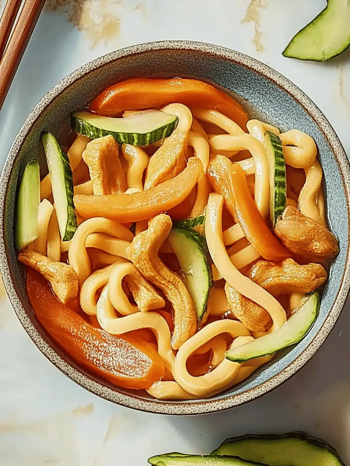 Udon-Nudeln Pfannengericht mit Hähnchen und Gemüse